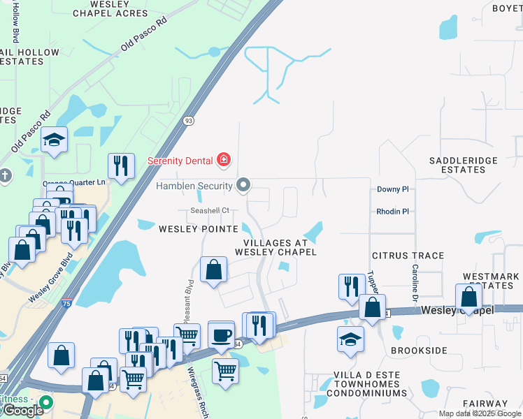 map of restaurants, bars, coffee shops, grocery stores, and more near 28809 Windover Street in Wesley Chapel