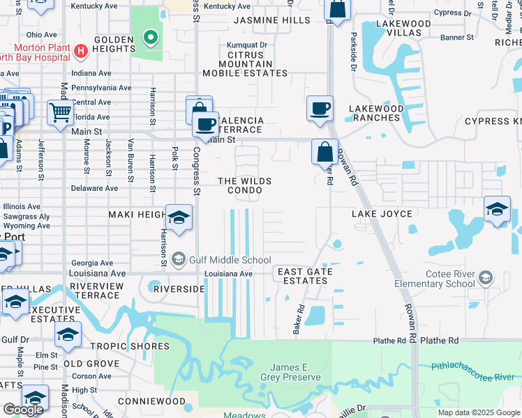 map of restaurants, bars, coffee shops, grocery stores, and more near 6705 Hickorywood Lane in New Port Richey