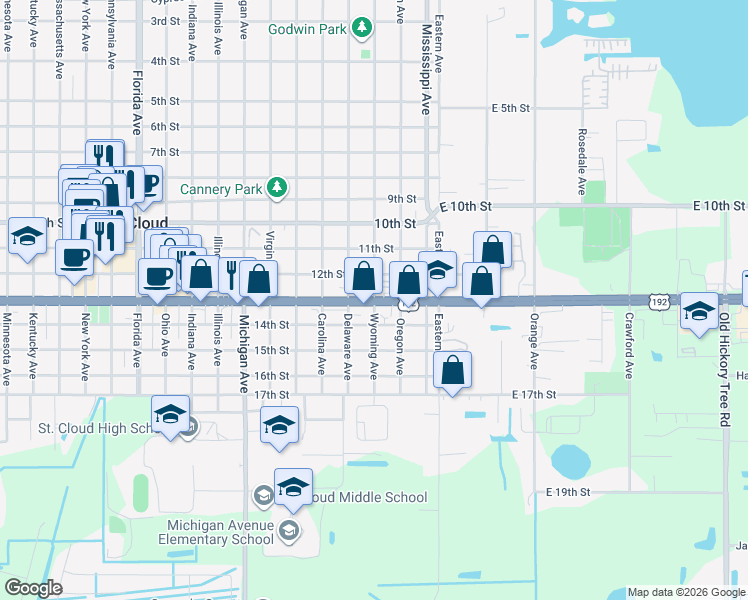 map of restaurants, bars, coffee shops, grocery stores, and more near U.S. 192 in St. Cloud
