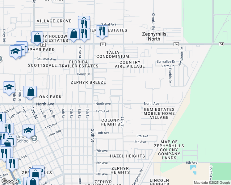 map of restaurants, bars, coffee shops, grocery stores, and more near 39216 Village Chase in Zephyrhills