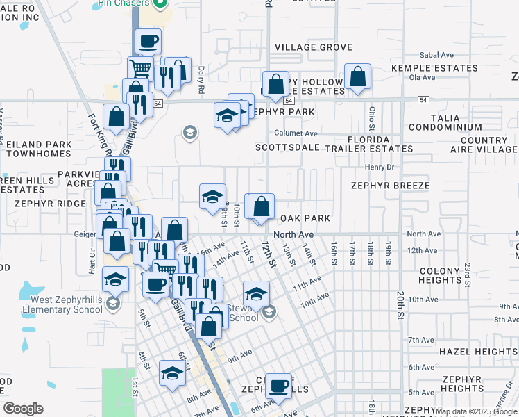 map of restaurants, bars, coffee shops, grocery stores, and more near 38437 18th Avenue in Zephyrhills