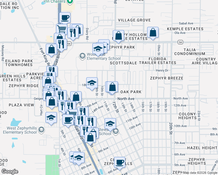 map of restaurants, bars, coffee shops, grocery stores, and more near 38437 18th Avenue in Zephyrhills