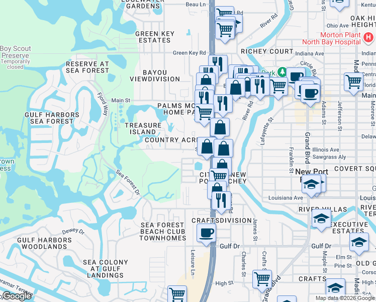 map of restaurants, bars, coffee shops, grocery stores, and more near 5121 South Road in New Port Richey