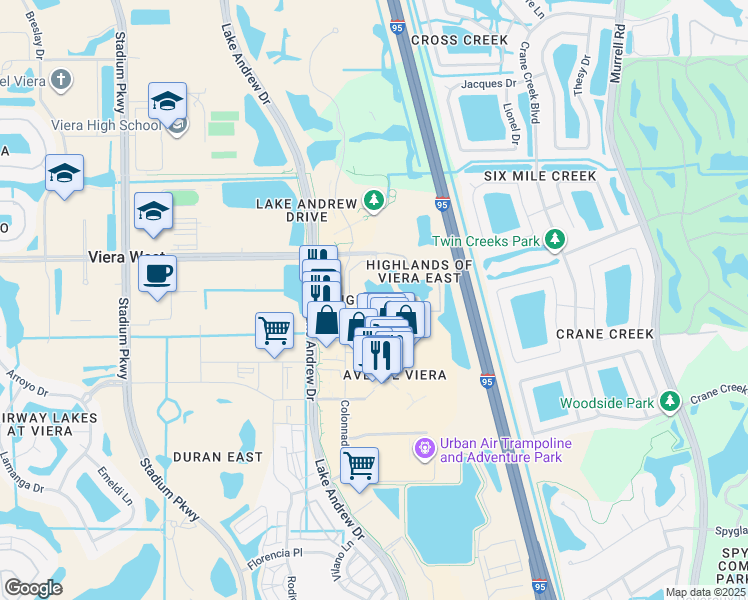 map of restaurants, bars, coffee shops, grocery stores, and more near 6401 Borasco Drive in Melbourne