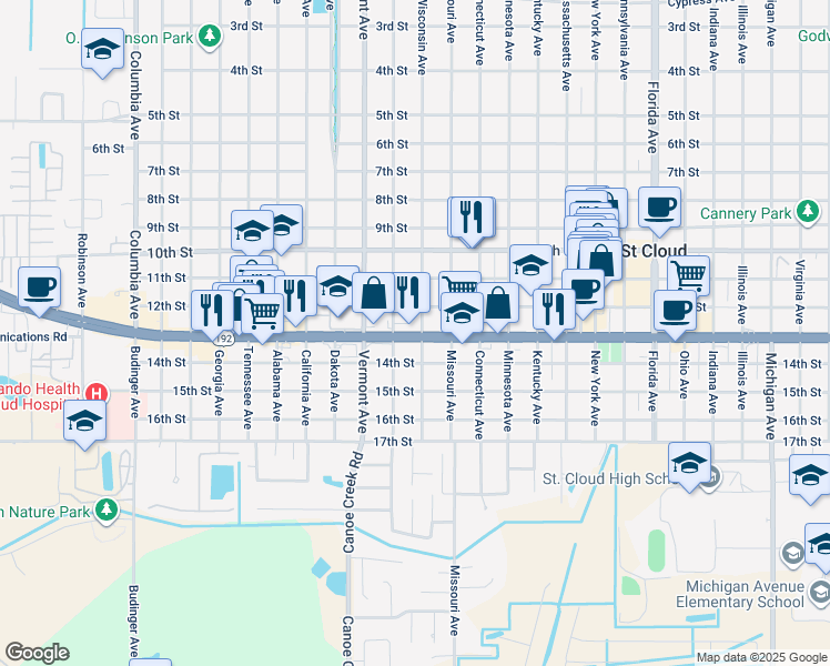 map of restaurants, bars, coffee shops, grocery stores, and more near 1207 Jersey Avenue in Saint Cloud