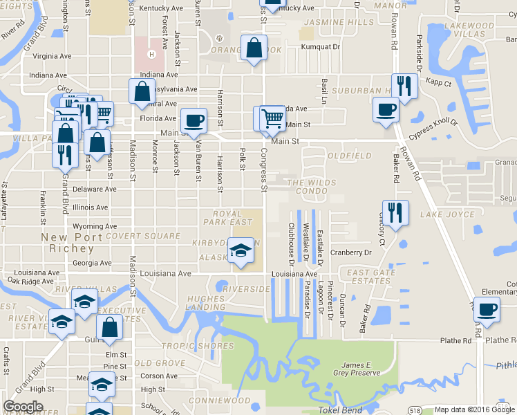 map of restaurants, bars, coffee shops, grocery stores, and more near 6447 Illinois Avenue in New Port Richey