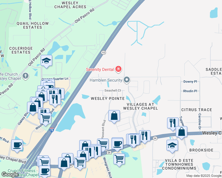 map of restaurants, bars, coffee shops, grocery stores, and more near 28619 Seashell Court in Wesley Chapel