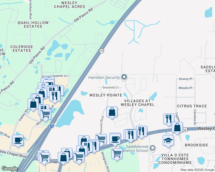 map of restaurants, bars, coffee shops, grocery stores, and more near 28611 Seashell Court in Wesley Chapel