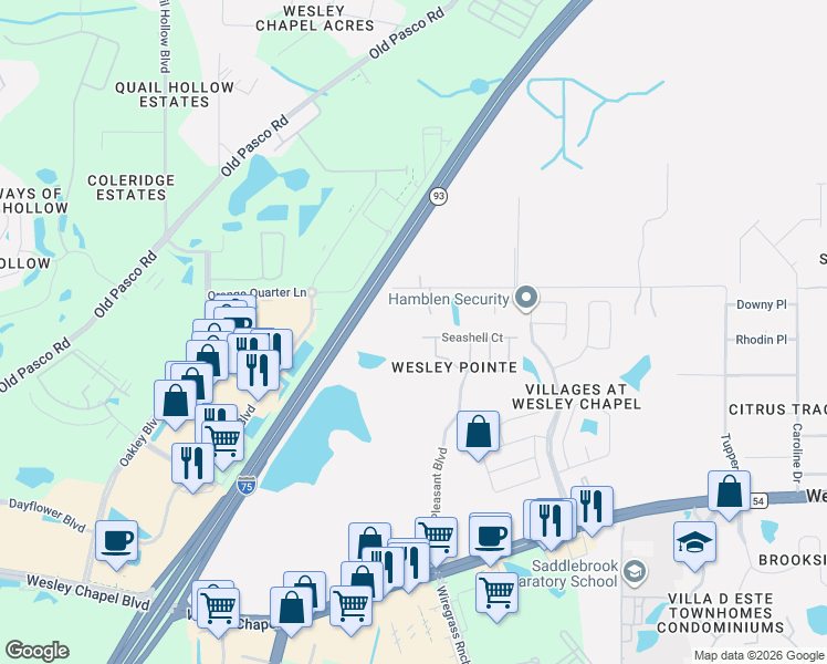 map of restaurants, bars, coffee shops, grocery stores, and more near 28511 Seashell Court in Wesley Chapel