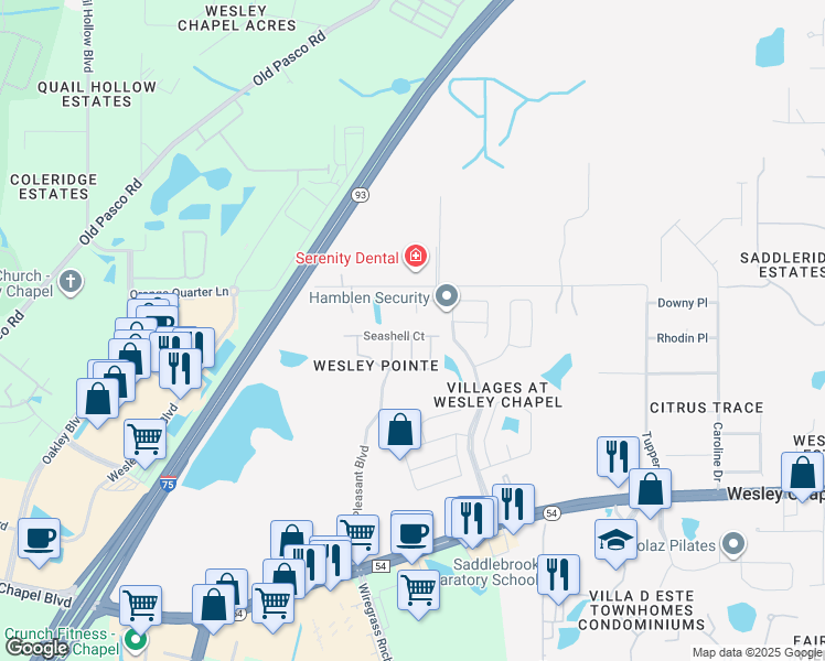 map of restaurants, bars, coffee shops, grocery stores, and more near 28651 Seashell Court in Wesley Chapel