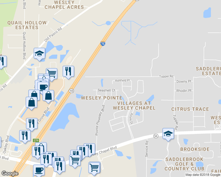 map of restaurants, bars, coffee shops, grocery stores, and more near 28647 Seashell Court in Wesley Chapel