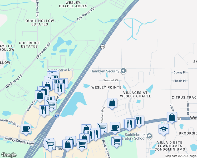 map of restaurants, bars, coffee shops, grocery stores, and more near 28515 Seashell Court in Wesley Chapel
