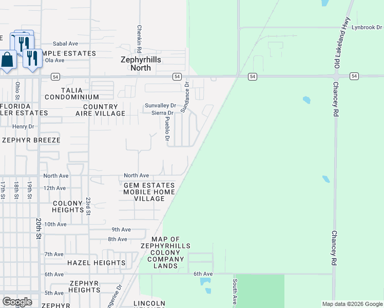 map of restaurants, bars, coffee shops, grocery stores, and more near 6131 Mission Viejo Drive in Zephyrhills