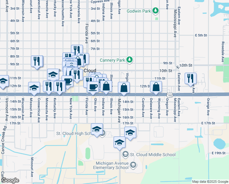 map of restaurants, bars, coffee shops, grocery stores, and more near 1215 Illinois Avenue in St. Cloud