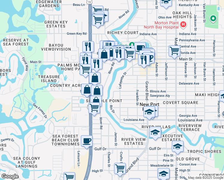 map of restaurants, bars, coffee shops, grocery stores, and more near 5433 Illinois Avenue in New Port Richey