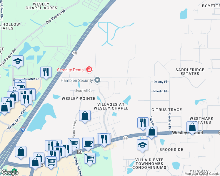 map of restaurants, bars, coffee shops, grocery stores, and more near 6147 Weatherwood Circle in Wesley Chapel