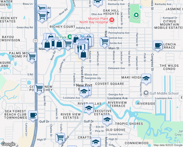 map of restaurants, bars, coffee shops, grocery stores, and more near 5825 Illinois Avenue in New Port Richey