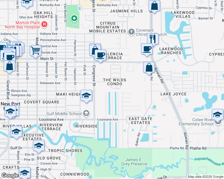 map of restaurants, bars, coffee shops, grocery stores, and more near 6705 Hickorywood Lane in New Port Richey