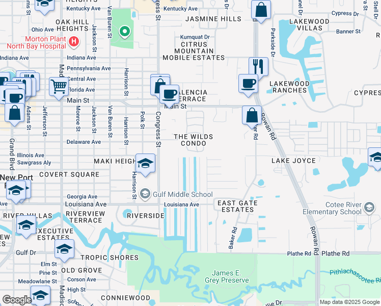 map of restaurants, bars, coffee shops, grocery stores, and more near 6705 Hickorywood Lane in New Port Richey