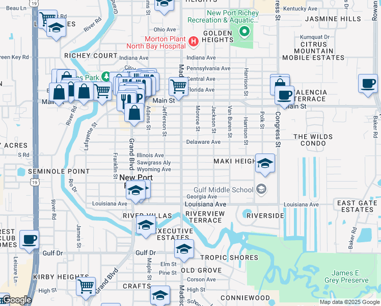 map of restaurants, bars, coffee shops, grocery stores, and more near 6027 Illinois Avenue in New Port Richey
