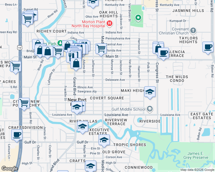map of restaurants, bars, coffee shops, grocery stores, and more near 6027 Illinois Avenue in New Port Richey