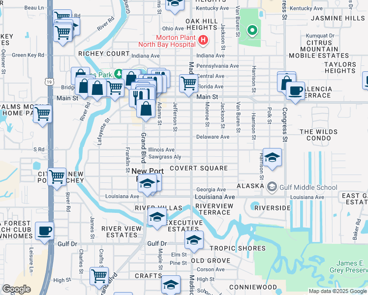 map of restaurants, bars, coffee shops, grocery stores, and more near 5931 Illinois Avenue in New Port Richey