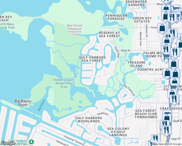 map of restaurants, bars, coffee shops, grocery stores, and more near 4351 Seagull Drive in New Port Richey