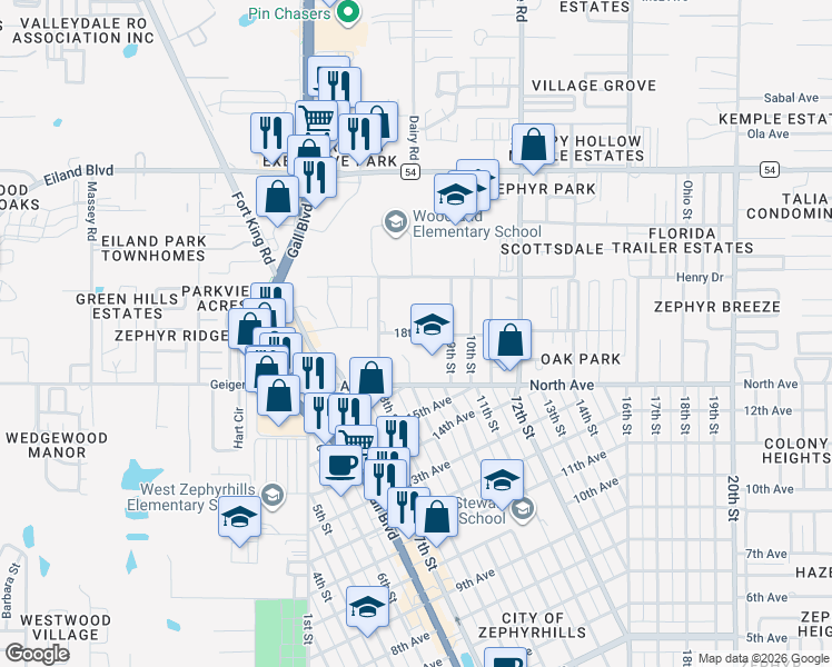 map of restaurants, bars, coffee shops, grocery stores, and more near 38318 18th Avenue in Zephyrhills