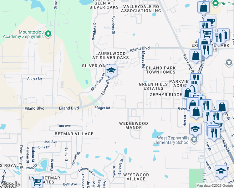 map of restaurants, bars, coffee shops, grocery stores, and more near 37245 Hannah Lane in Zephyrhills