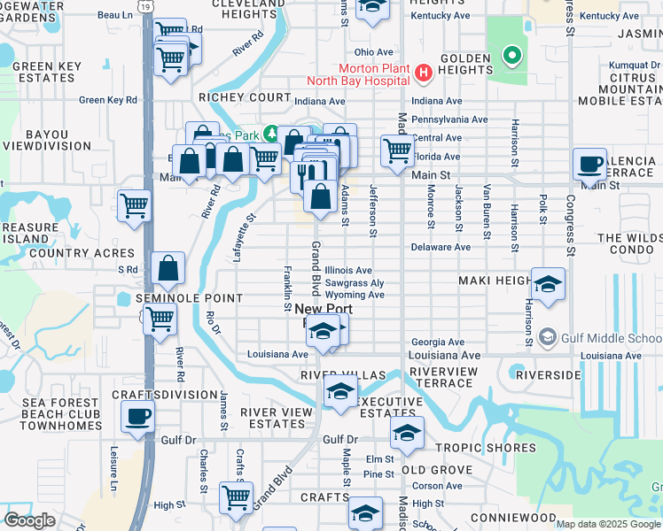 map of restaurants, bars, coffee shops, grocery stores, and more near 5743 Illinois Avenue in New Port Richey