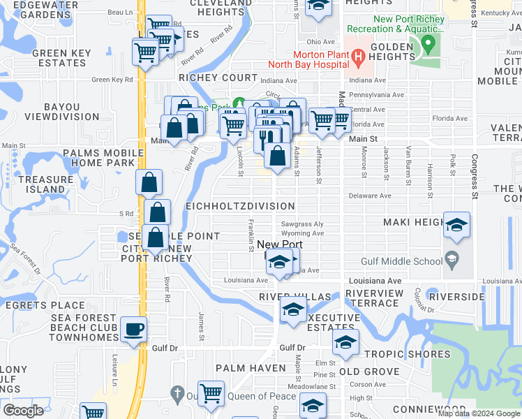 map of restaurants, bars, coffee shops, grocery stores, and more near 5649 Illinois Avenue in New Port Richey