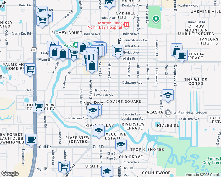 map of restaurants, bars, coffee shops, grocery stores, and more near 5931 Illinois Avenue in New Port Richey
