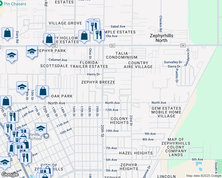 map of restaurants, bars, coffee shops, grocery stores, and more near 39064 Heritage Circle in Zephyrhills