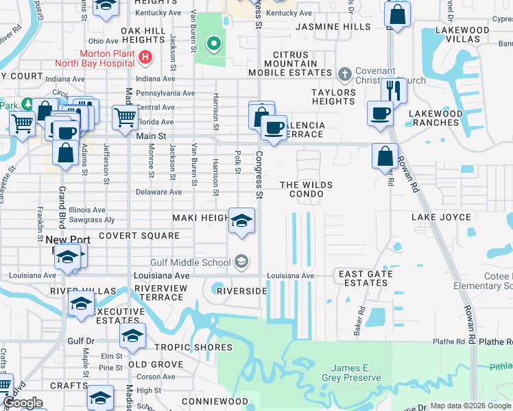 map of restaurants, bars, coffee shops, grocery stores, and more near 6451 Illinois Avenue in New Port Richey