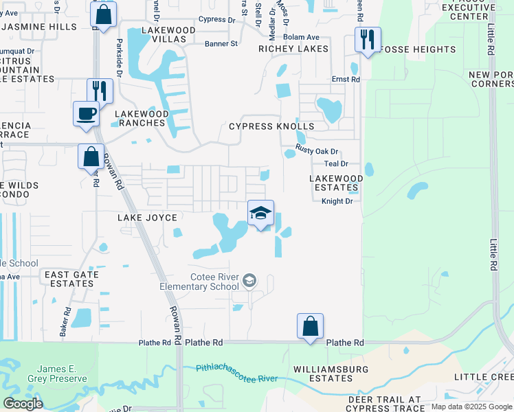map of restaurants, bars, coffee shops, grocery stores, and more near La Paz Court in New Port Richey