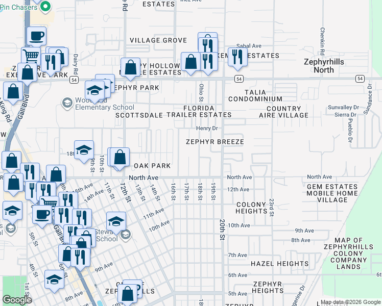 map of restaurants, bars, coffee shops, grocery stores, and more near 6104 17th St in Zephyrhills