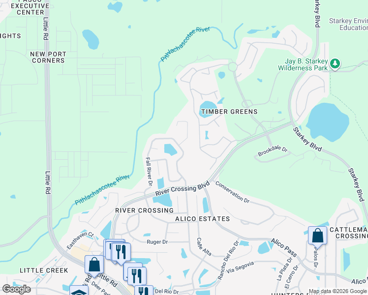 map of restaurants, bars, coffee shops, grocery stores, and more near 6000 Redhawk Drive in New Port Richey