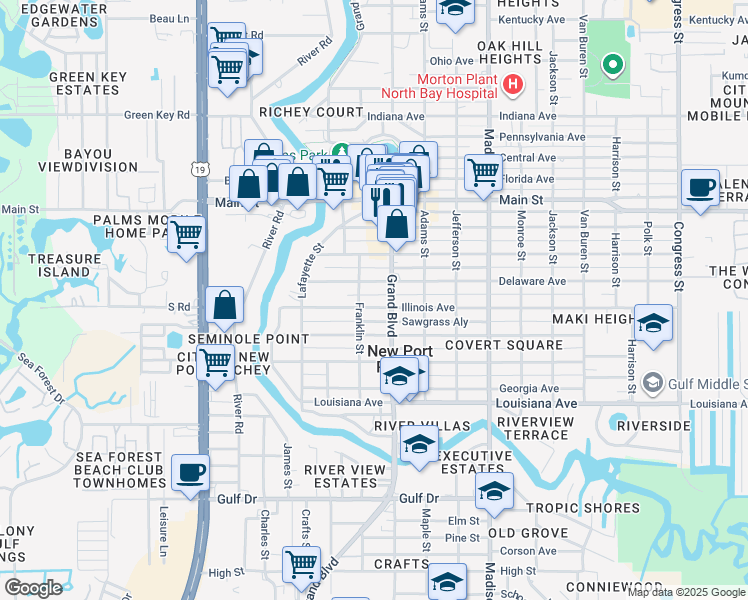 map of restaurants, bars, coffee shops, grocery stores, and more near 5649 Illinois Avenue in New Port Richey