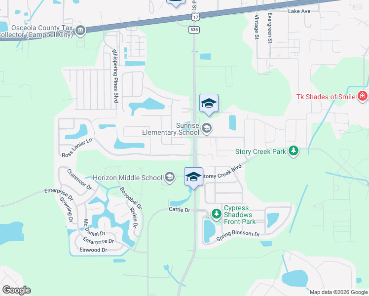 map of restaurants, bars, coffee shops, grocery stores, and more near 4504 Caladium Court in Kissimmee