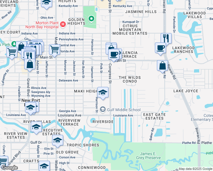 map of restaurants, bars, coffee shops, grocery stores, and more near 6441 Illinois Avenue in New Port Richey