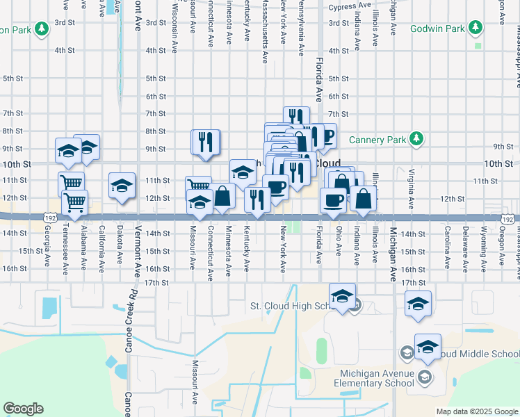 map of restaurants, bars, coffee shops, grocery stores, and more near 1214 Massachusetts Avenue in Saint Cloud