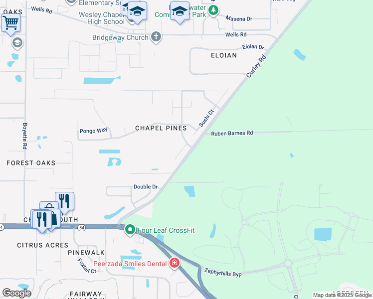 map of restaurants, bars, coffee shops, grocery stores, and more near 6146 School House Court in Wesley Chapel