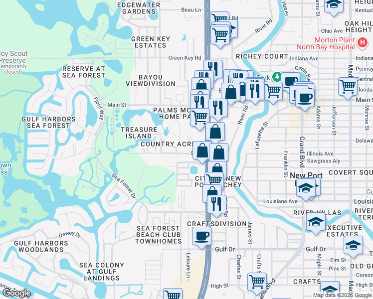 map of restaurants, bars, coffee shops, grocery stores, and more near 5121 S Rd in New Port Richey