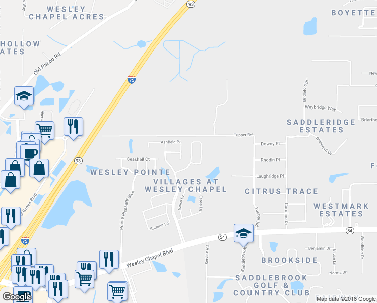 map of restaurants, bars, coffee shops, grocery stores, and more near 6147 Weatherwood Circle in Wesley Chapel