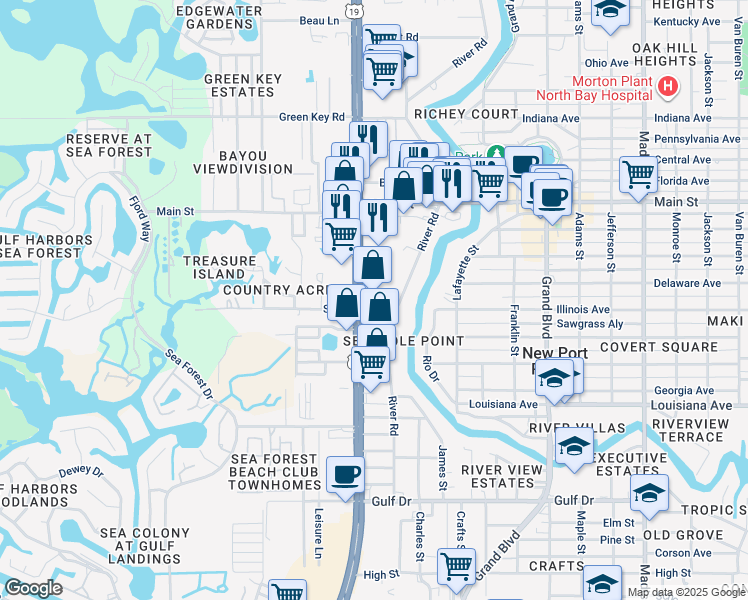 map of restaurants, bars, coffee shops, grocery stores, and more near 6035 River Road in Port Richey