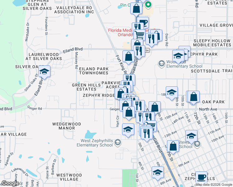 map of restaurants, bars, coffee shops, grocery stores, and more near 6117 Creston Street in Zephyrhills