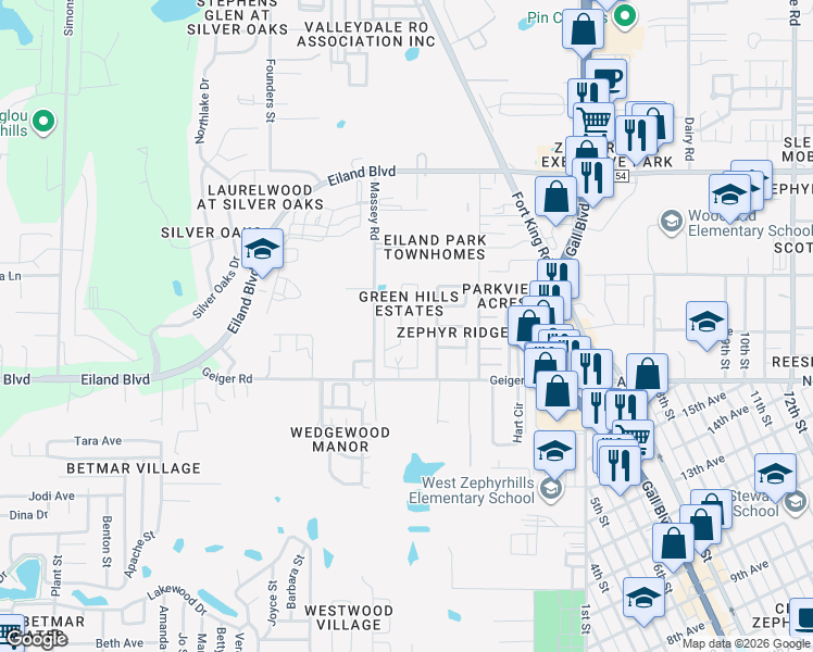 map of restaurants, bars, coffee shops, grocery stores, and more near 6114 Crestview Lane in Zephyrhills