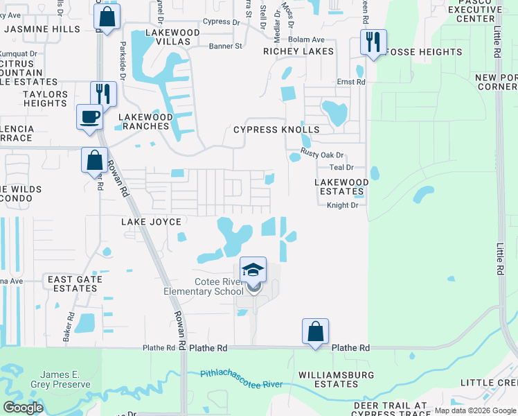map of restaurants, bars, coffee shops, grocery stores, and more near La Paz Court in New Port Richey