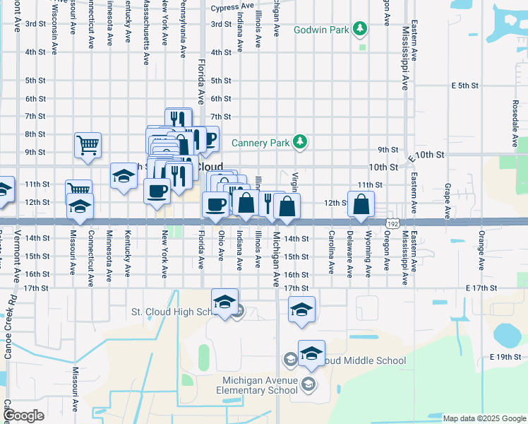 map of restaurants, bars, coffee shops, grocery stores, and more near 1215 Illinois Avenue in St. Cloud