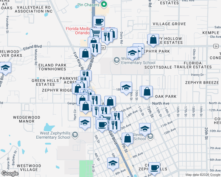 map of restaurants, bars, coffee shops, grocery stores, and more near 6001-6101 18th Ave in Zephyrhills